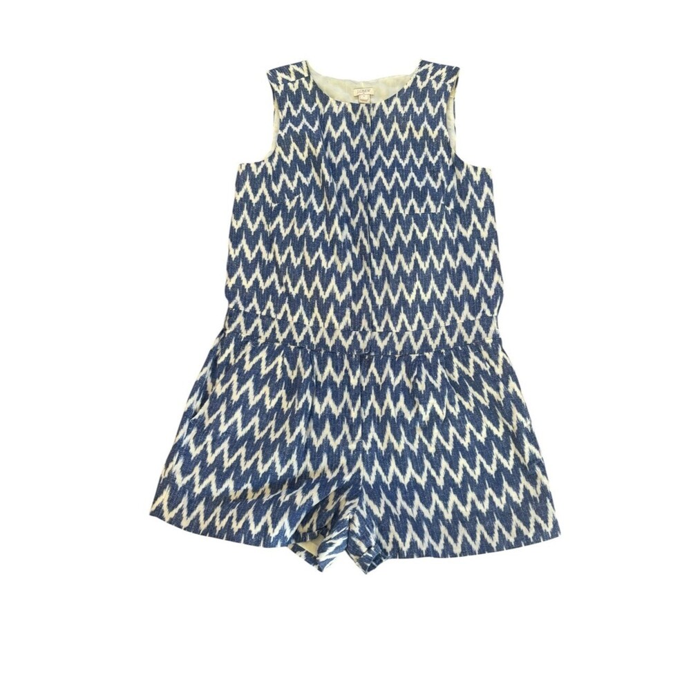 J Crew Factory Linen Cotton Blend Chevron Romper Blue White Womens Size 6